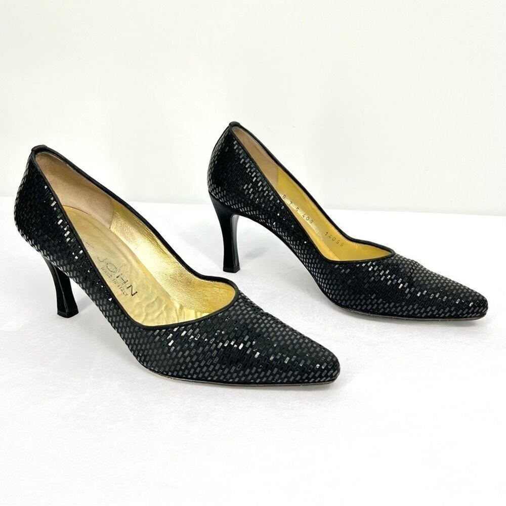 St. John Black Satin Paillettes Made in Italy Pointed Toe Narrow Heel Pumps 7B